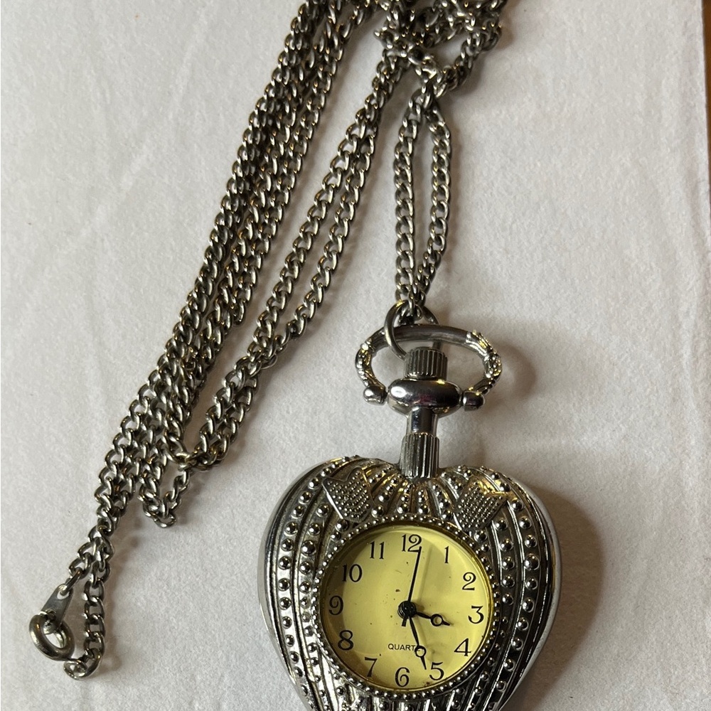 Vintage Heart-Shaped Silver Pocket Watch Necklace